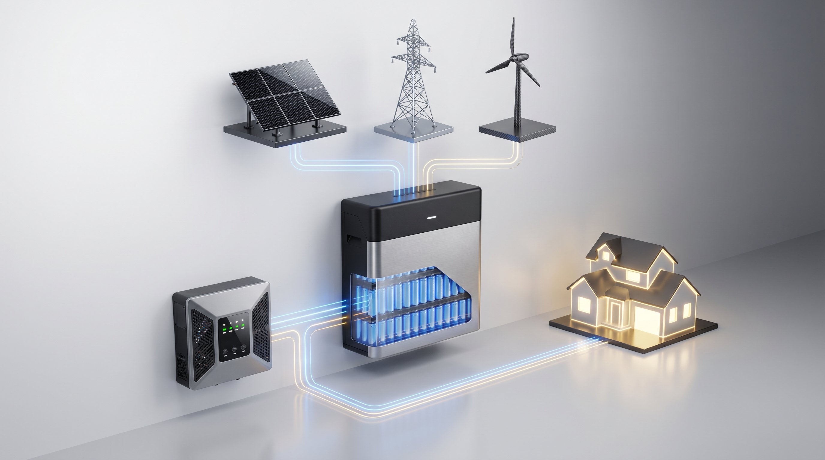 3D render of home energy storage battery with solar panels, inverter, and energy flow lines.