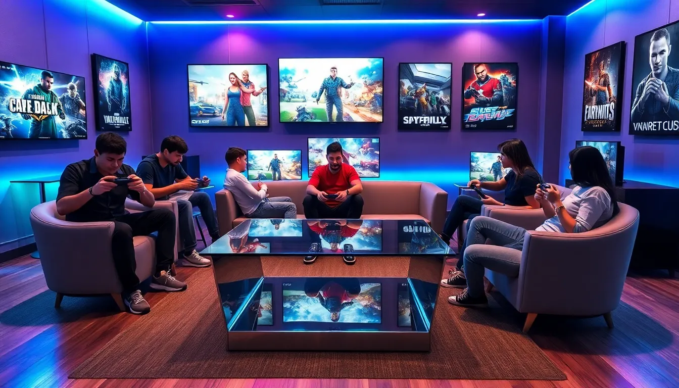 diverse group of gamers enjoying high-tech gaming consoles in a modern lounge.