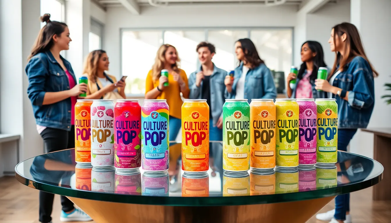 Diverse group enjoying Culture Pop Sodas in a modern setting.