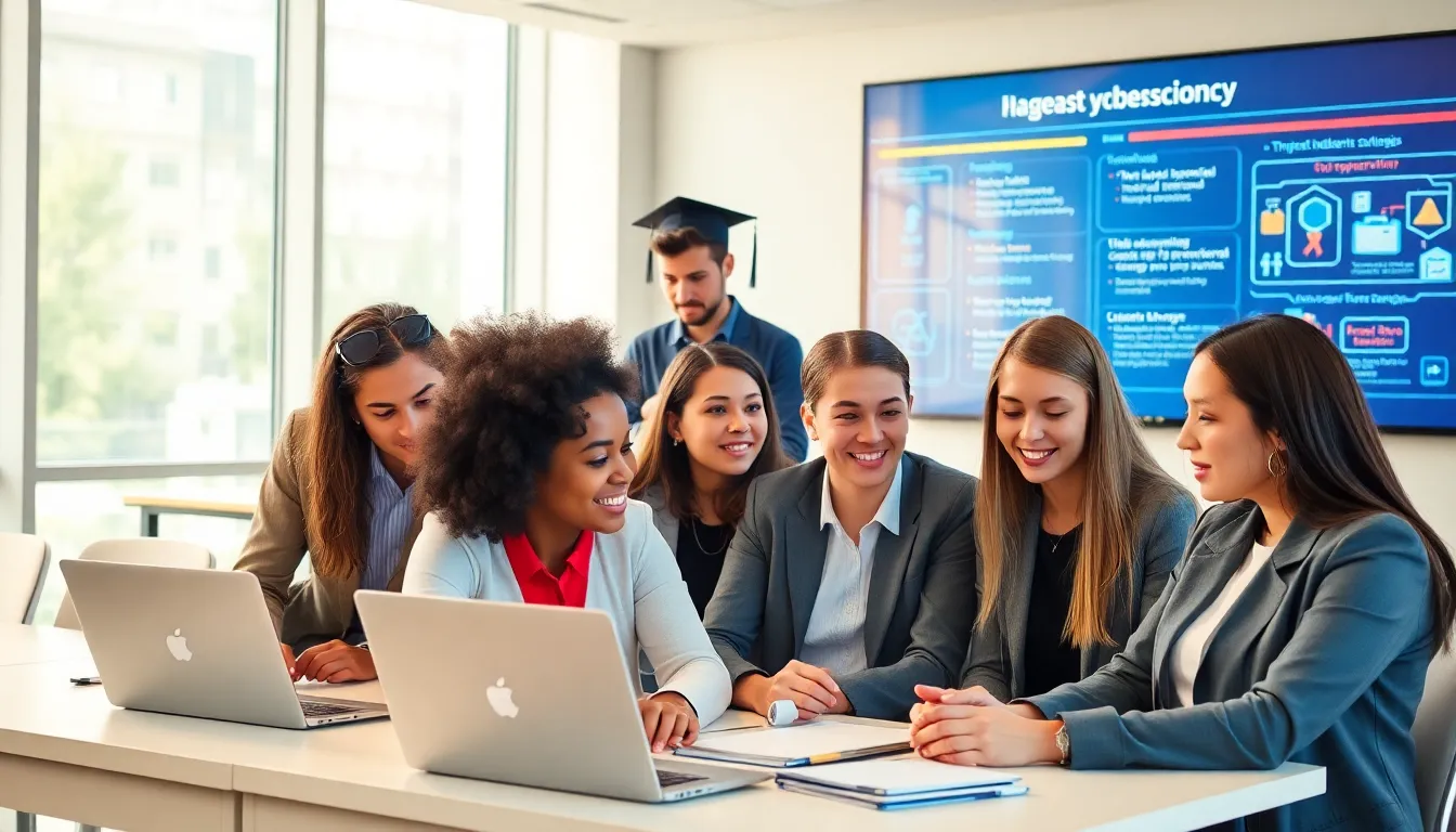 diverse students in a modern classroom studying cybersecurity concepts.