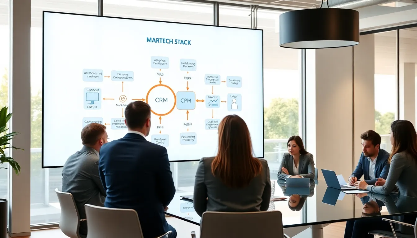 business professionals discussing a martech stack diagram in an office.