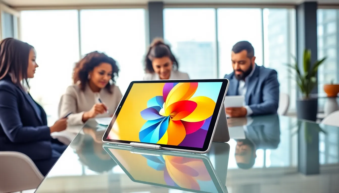 Samsung tablet with stylus on a modern office desk.