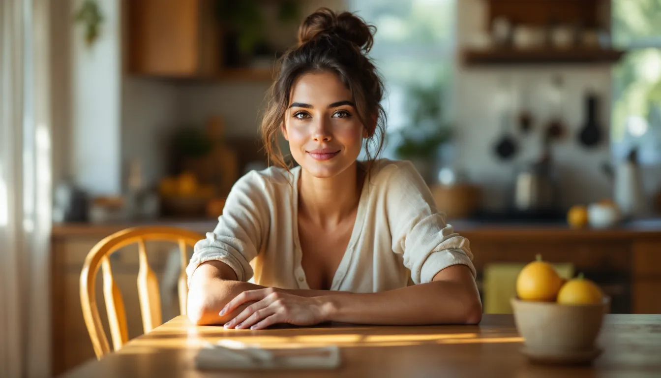 Woman journaling at a sunlit kitchen table, tracking her daily activities mindfully.