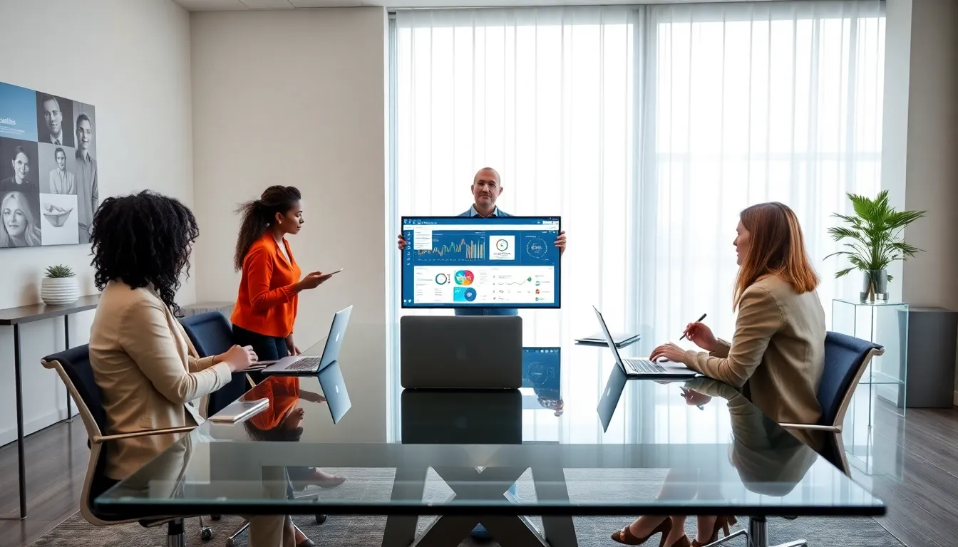 professionals collaborating in a modern office on data management software.