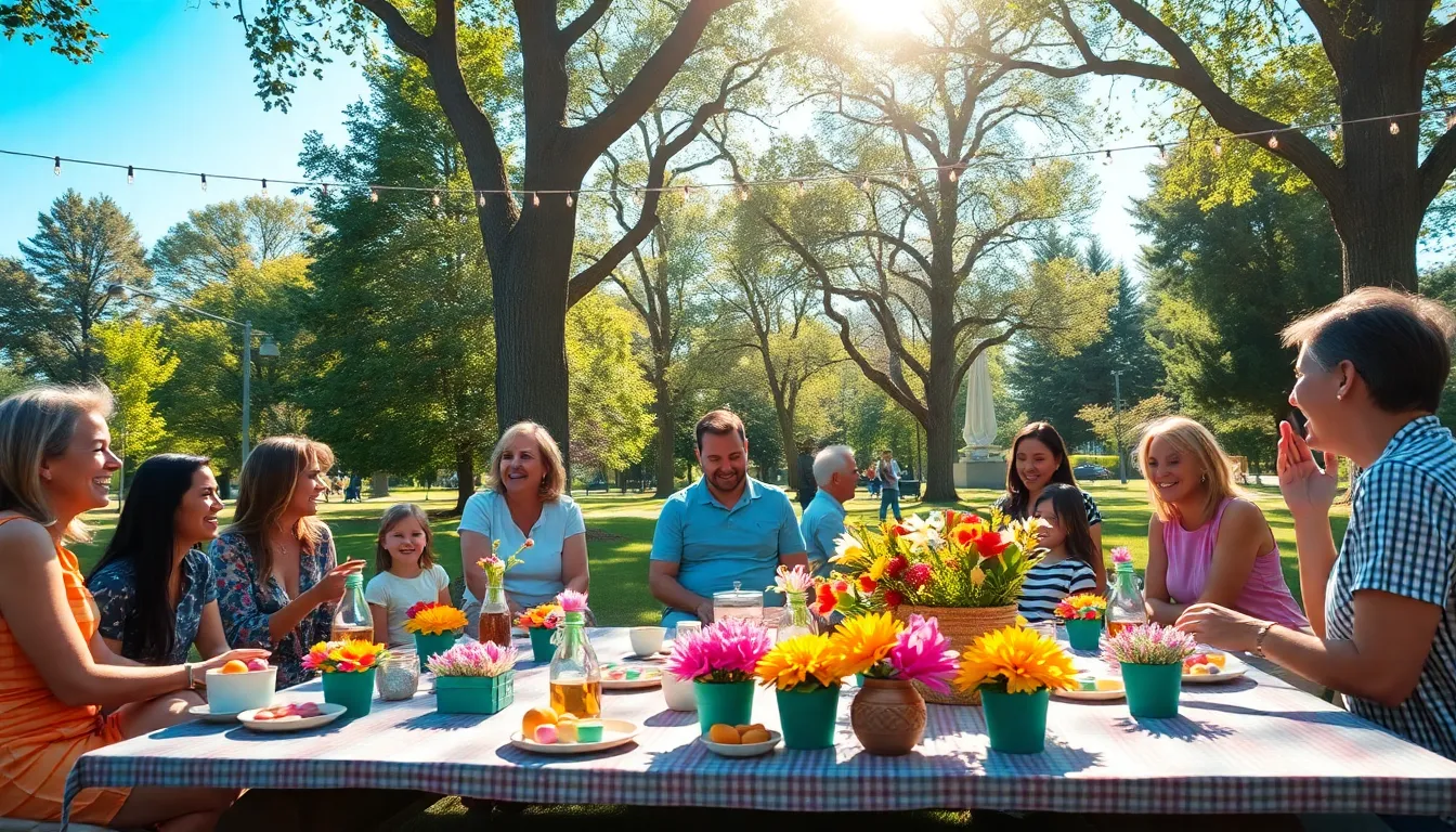 outdoor gathering with diverse people and DIY decorations.