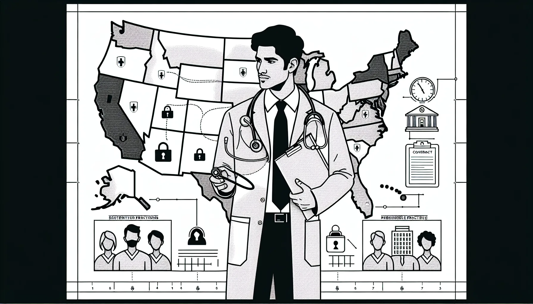 Doctor with contract facing U.S. map showing locked states and patient connections.