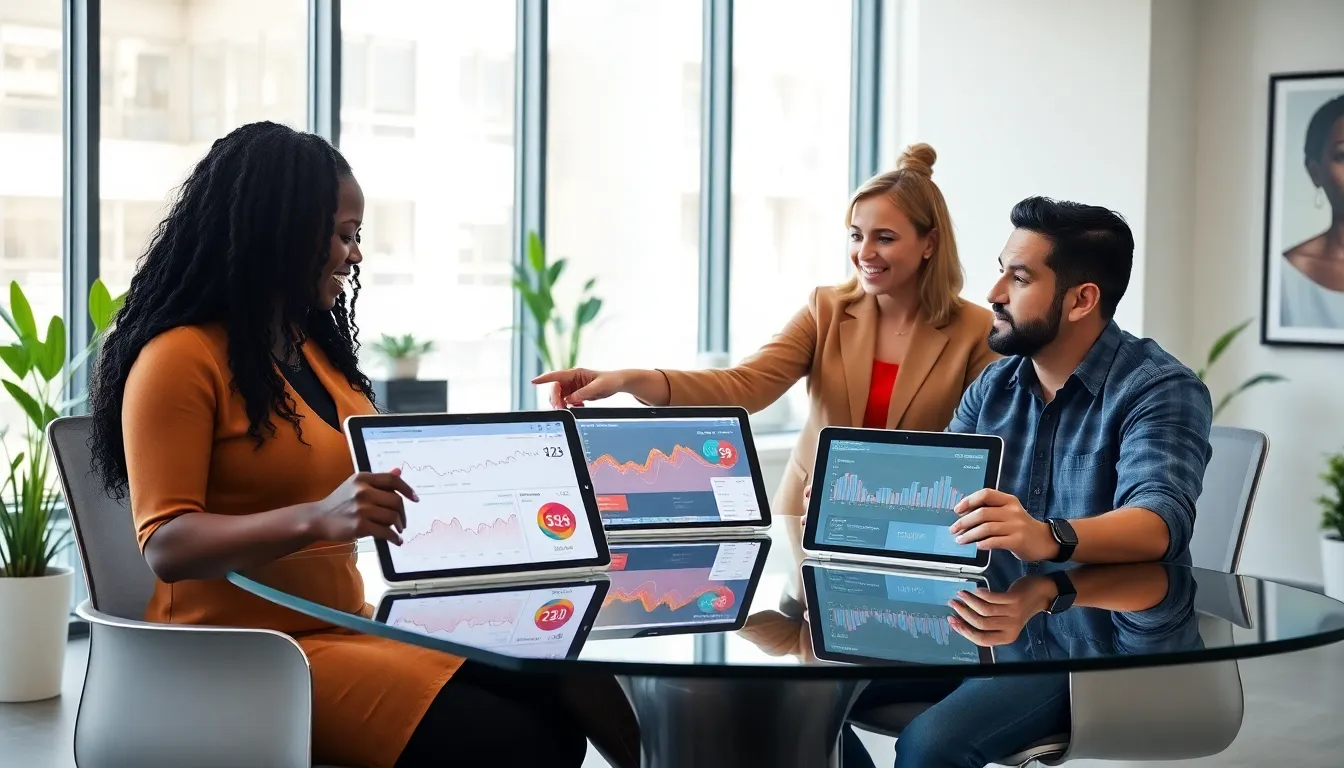 diverse team discussing blockchain staking in a modern office.