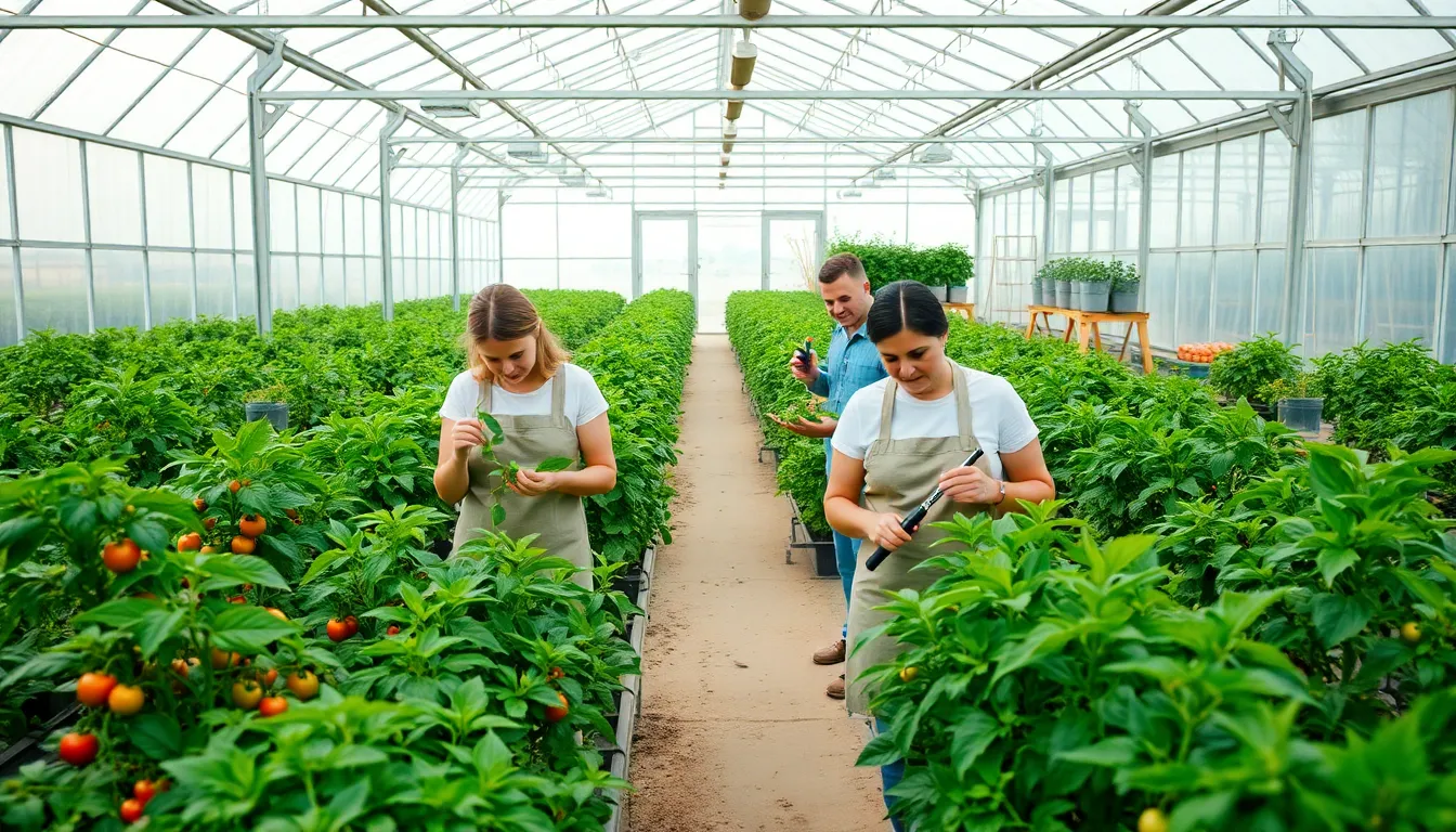diverse team tending to greenhouse vegetables.