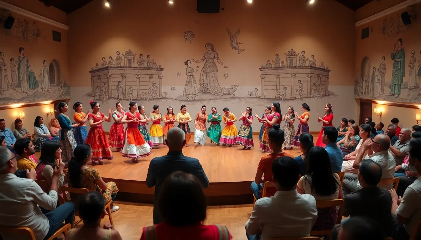 diverse performers showcasing Rasnkada in a cultural hall.