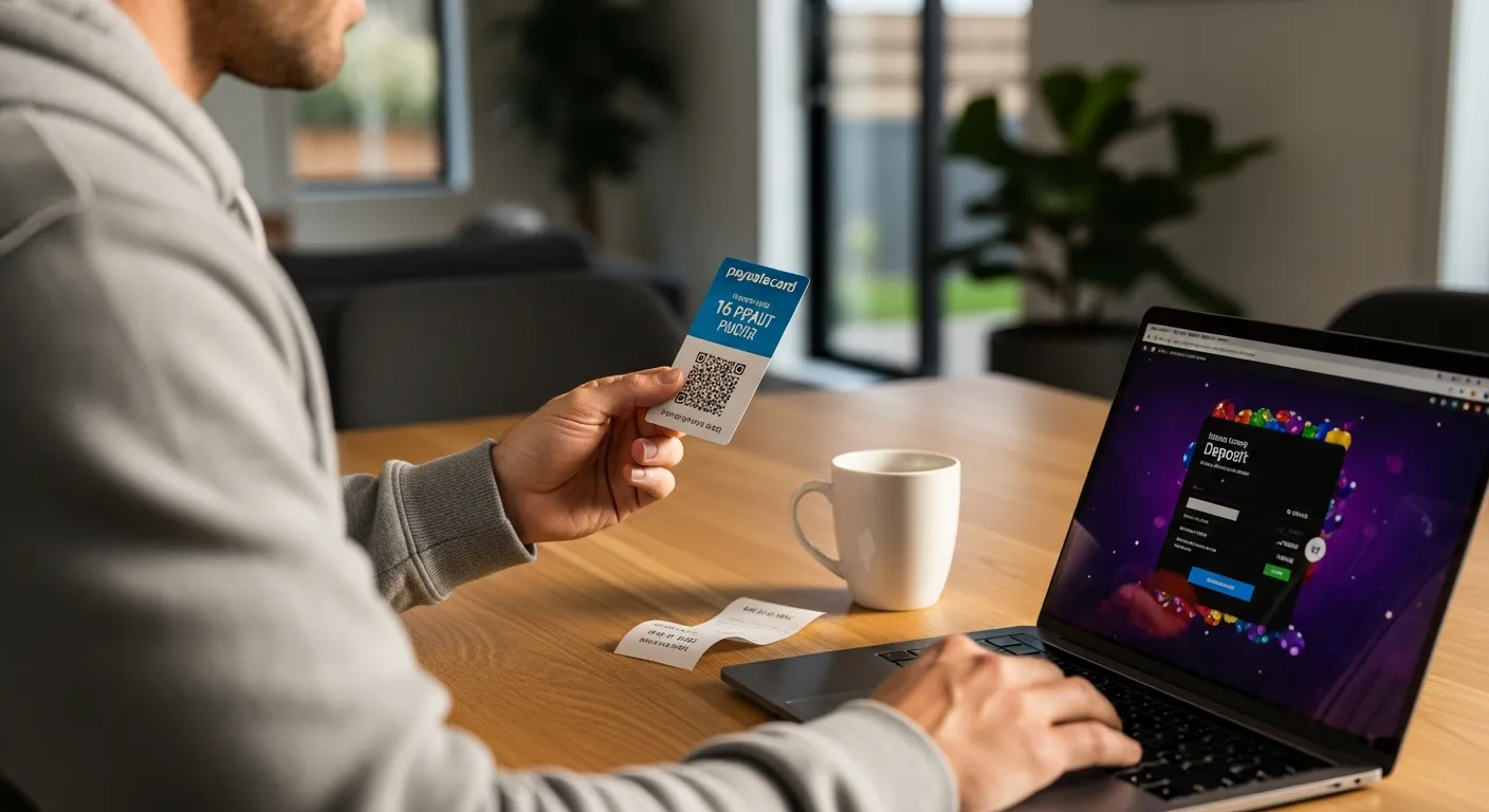 Man holding a Paysafecard voucher while depositing funds at an online casino on laptop.
