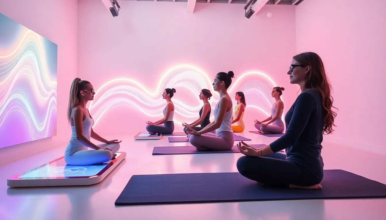 wellness space with virtual neon technology and people meditating.