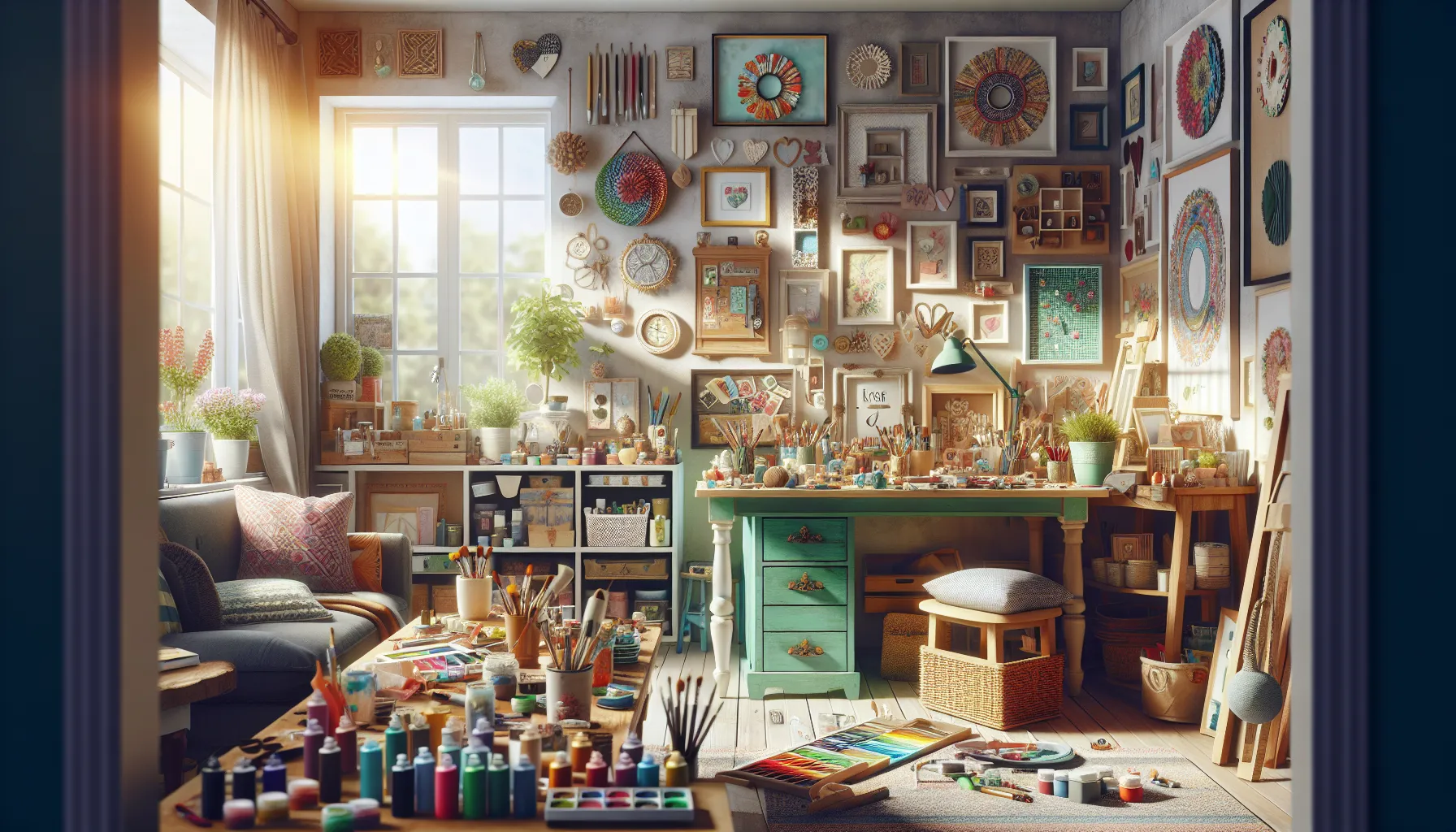 bright DIY workspace with craft supplies and upcycled furniture.