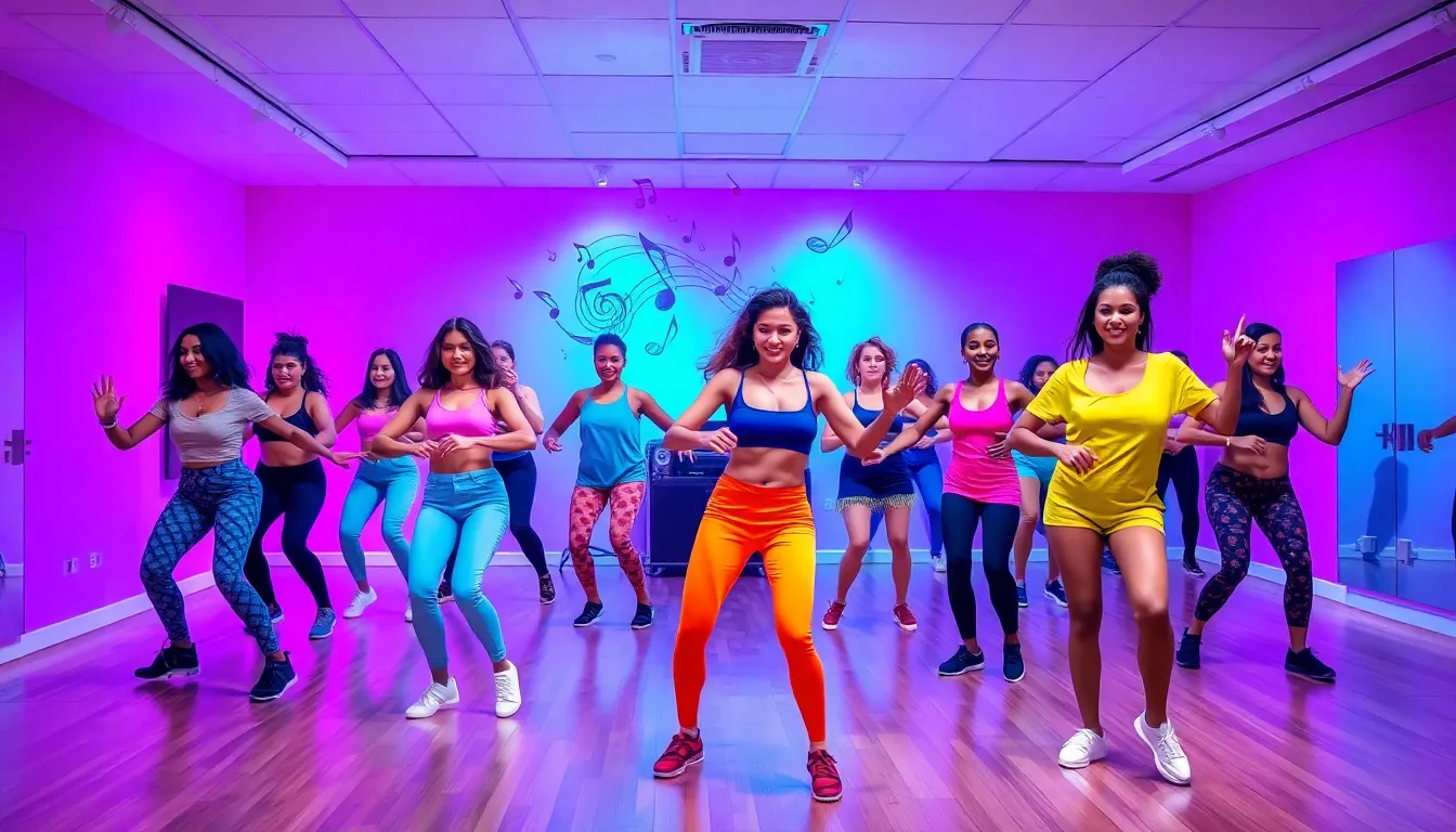 diverse dancers in a vibrant studio celebrating dance music.