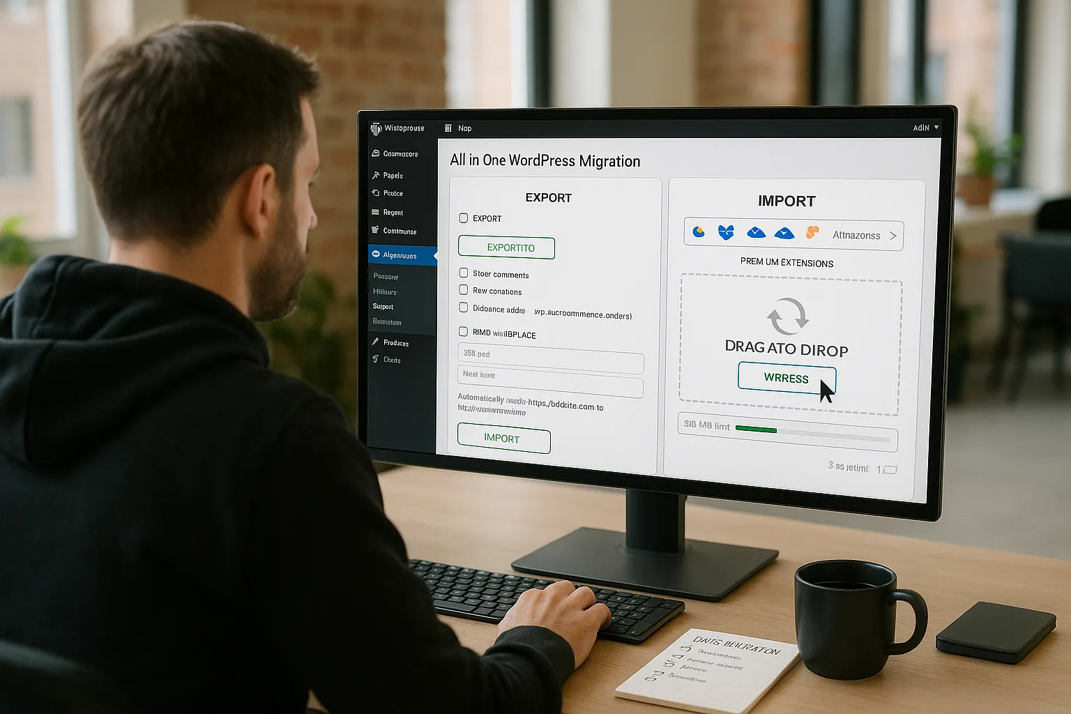 Web designer using a WordPress migration plugin with drag-and-drop and cloud options.
