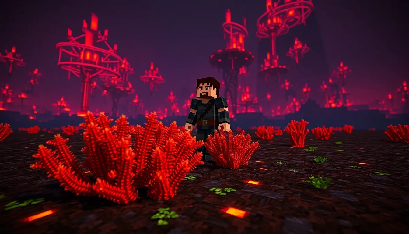 Minecraft character near Nether Wart in a vibrant Nether environment.
