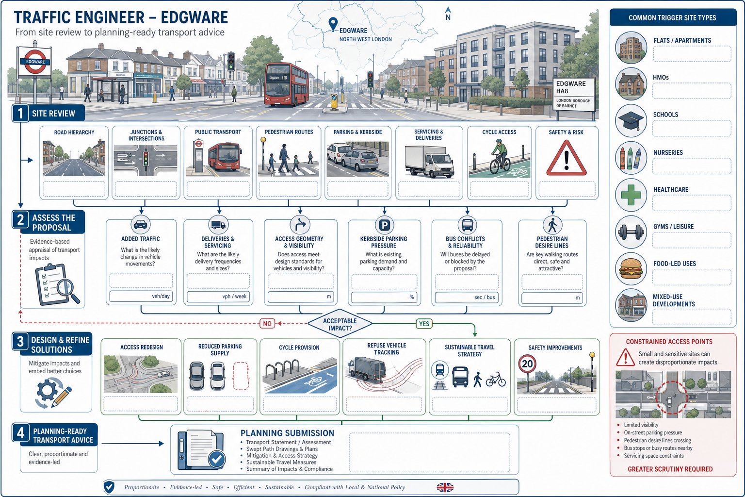 Traffic engineer workflow showing site review, impact checks, and planning solutions in Edgware.