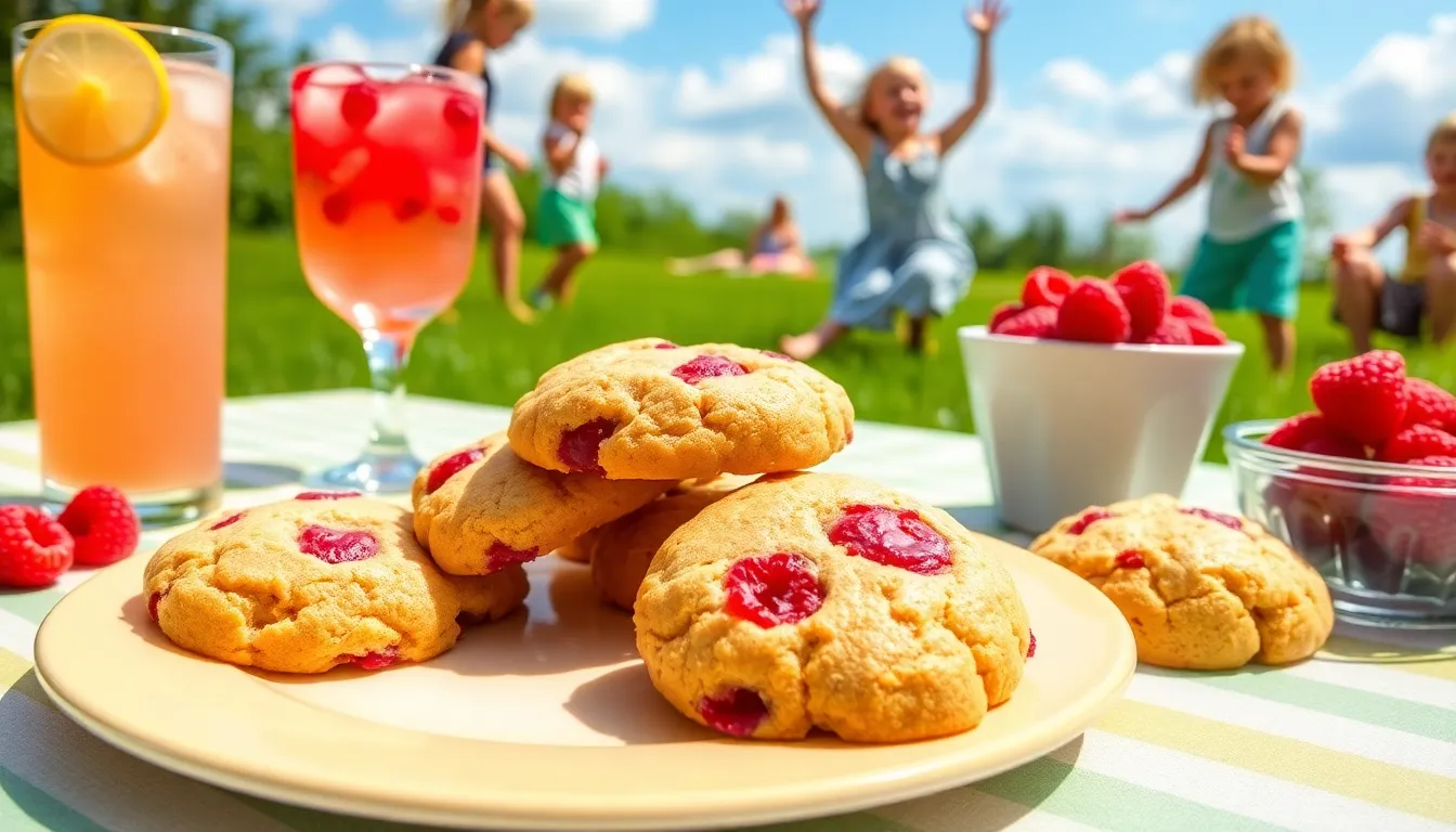a plate of raspberry lemonade cookies with lemonade and fresh raspberries.