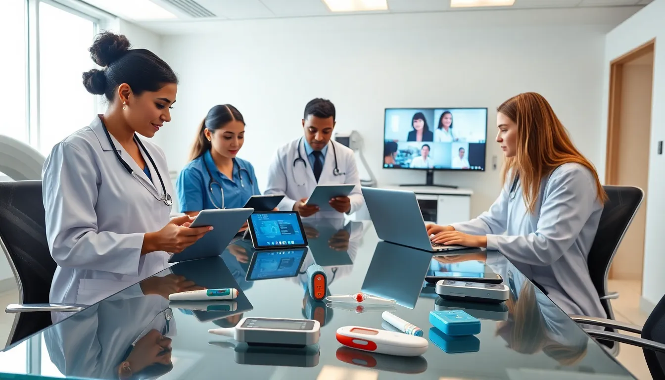 healthcare professionals using IoT devices in a modern medical office.