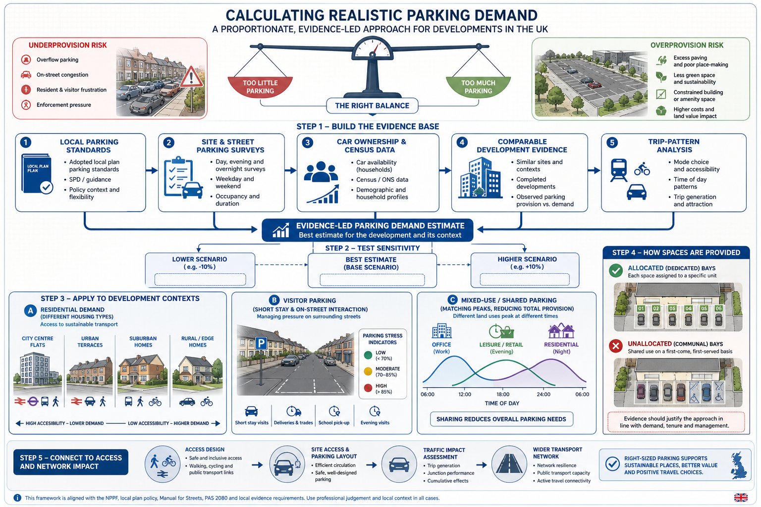 infographic showing evidence-based parking demand planning for UK developments.