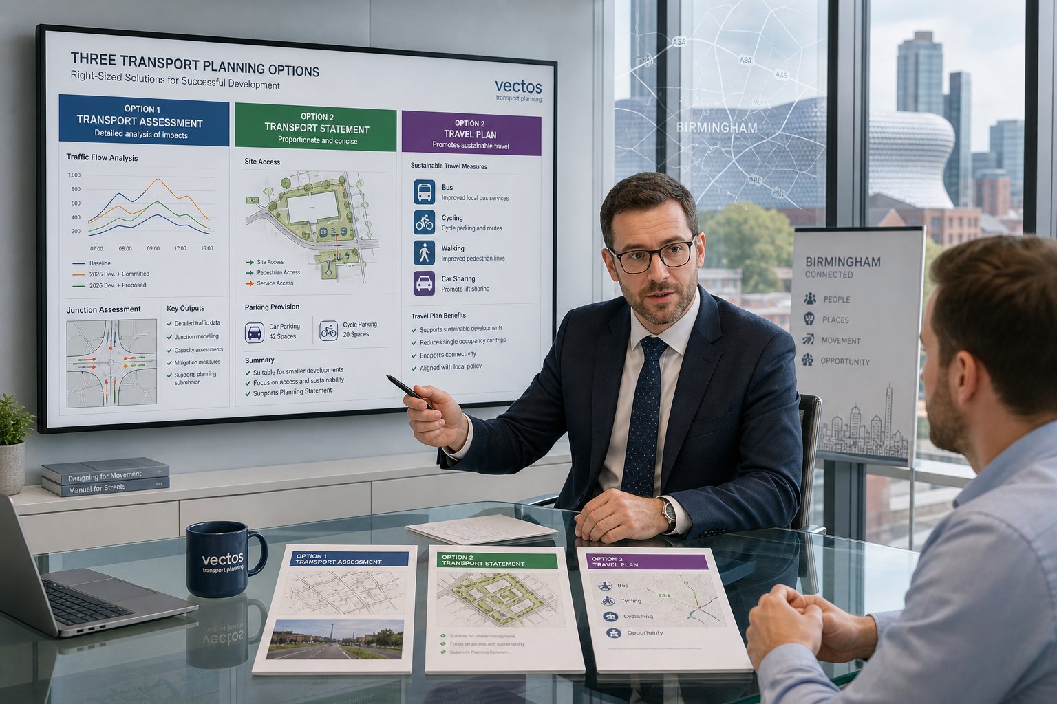 Traffic engineer comparing transport planning reports in a modern Birmingham office.
