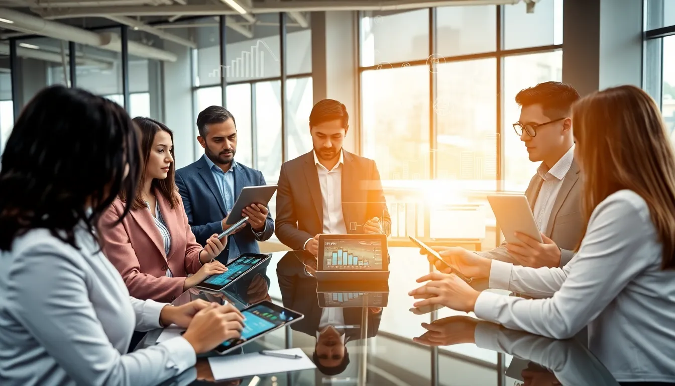 diverse professionals collaborating in a modern office setting.
