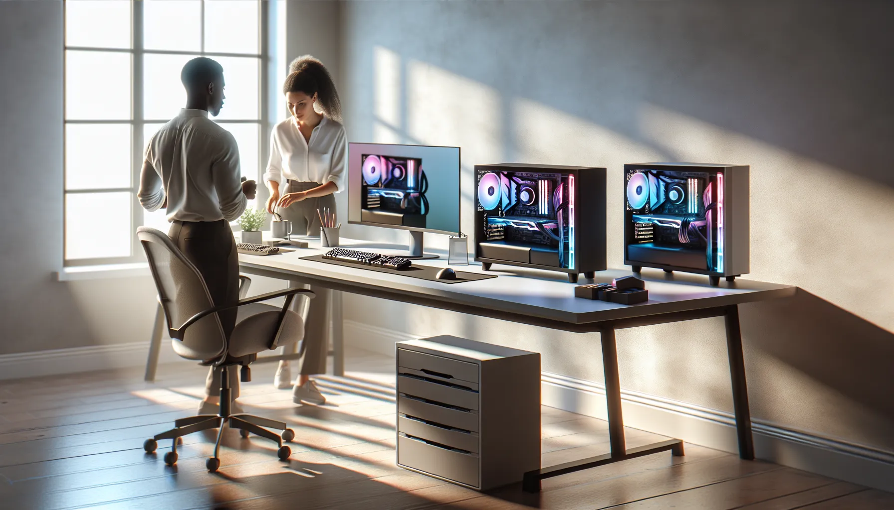A diverse team setting up a Doayods PC in a modern office.