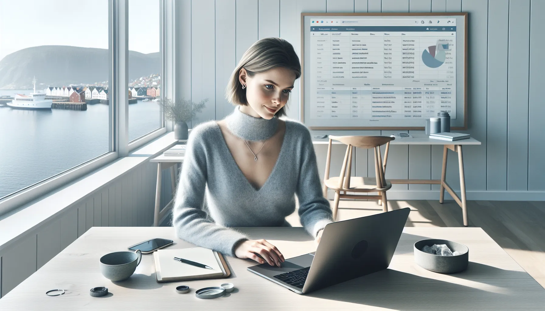 Norwegian marketer clusters keywords and maps search intent on a laptop.
