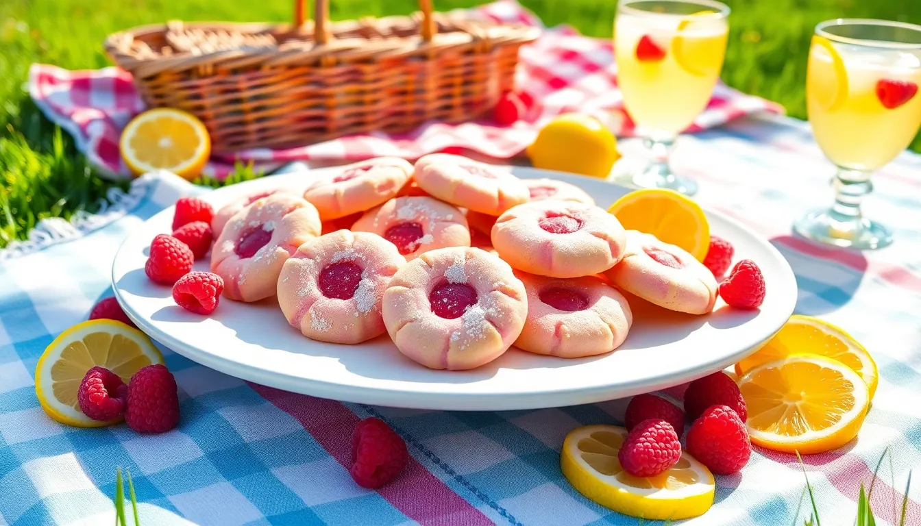 A summer picnic scene with raspberry lemonade cookies on a platter.