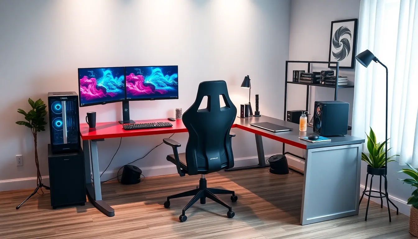 modern L shaped gaming desk setup in a stylish home office.