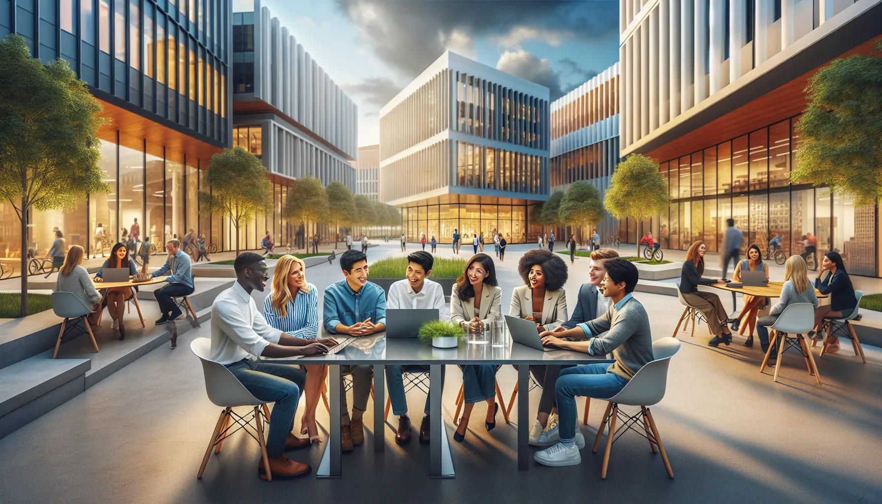 diverse group collaborating in an outdoor university setting.