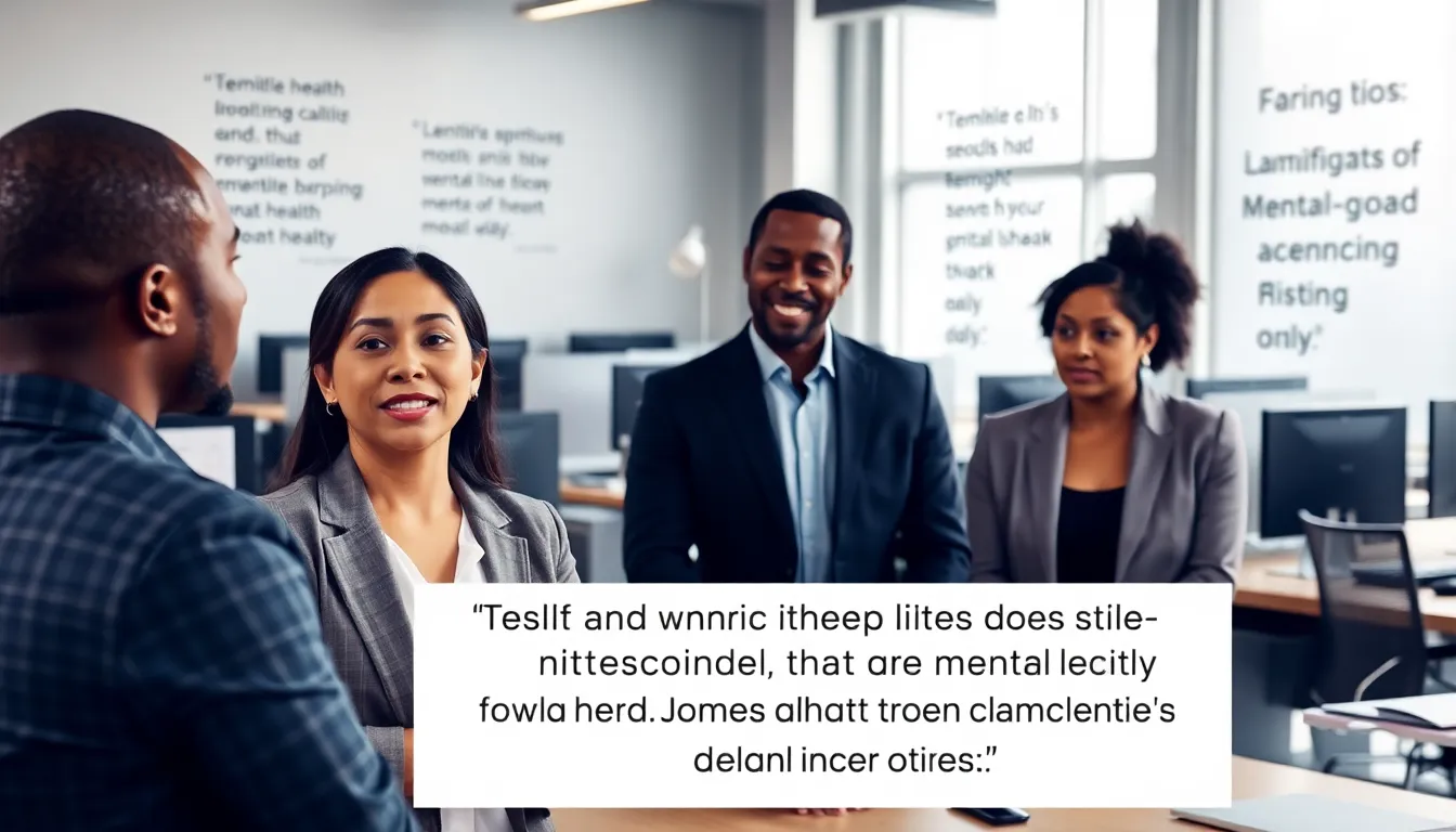 diverse team discussing mental health awareness in a modern office.