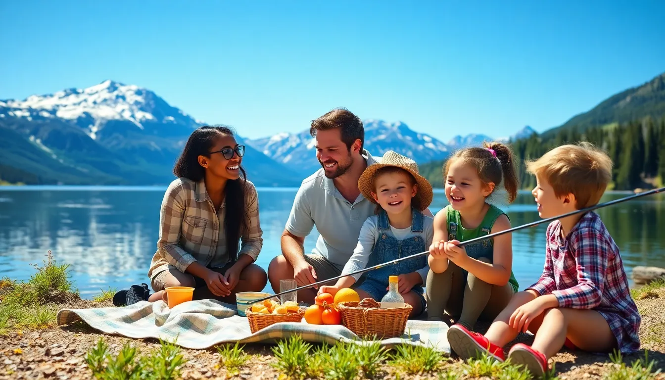 Family enjoying a picnic by a glacial lake in Glacier National Park.