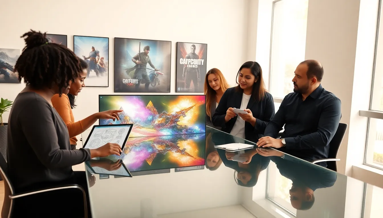 diverse team collaborating on video game concepts in a modern studio.