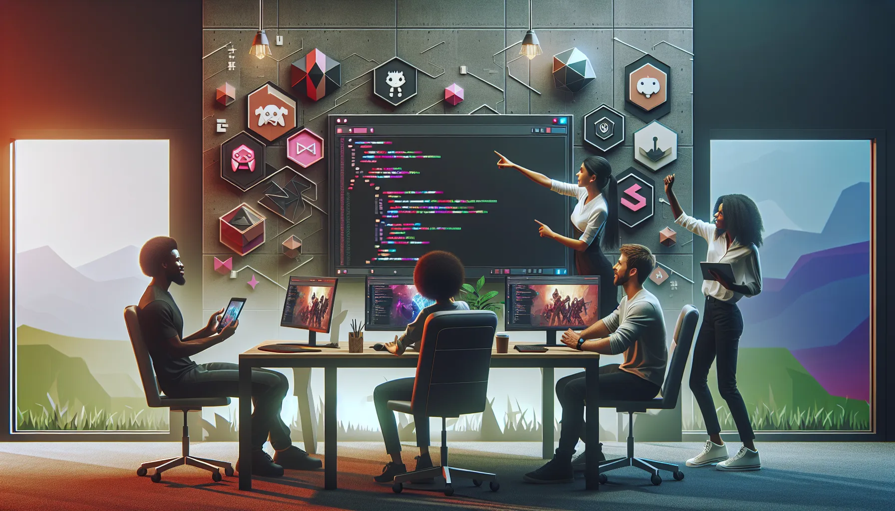 diverse team discussing updates for The Zhimbom Game.