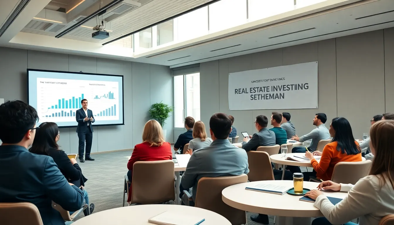 diverse group attending a real estate investing seminar in a modern setting.