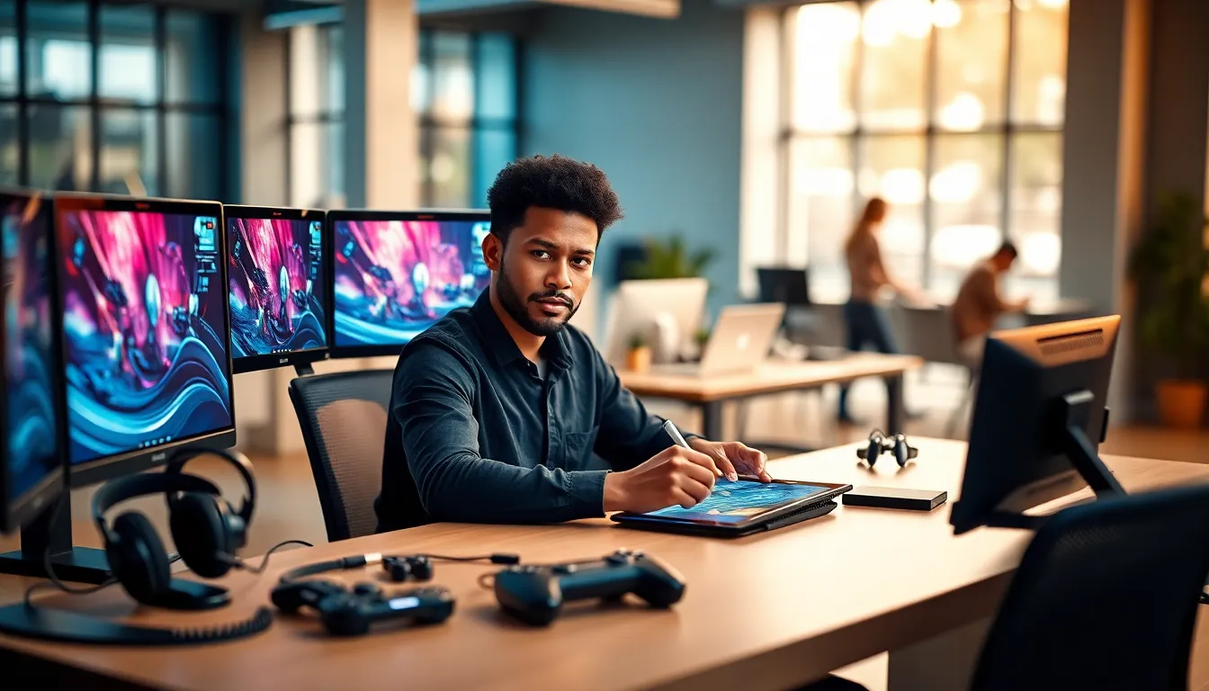 designer working on new PlayStation Portable in a modern office.