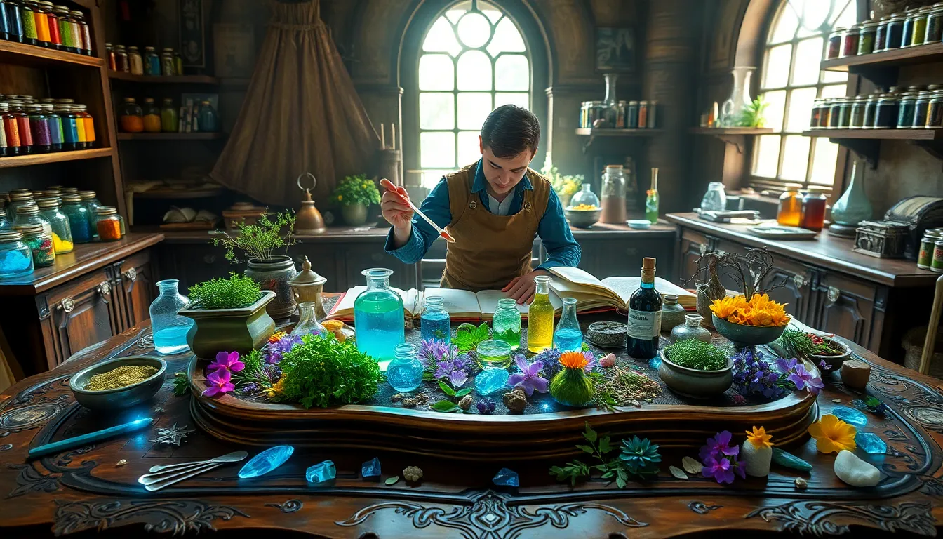 A diverse alchemist crafting a health potion at a wooden table.
