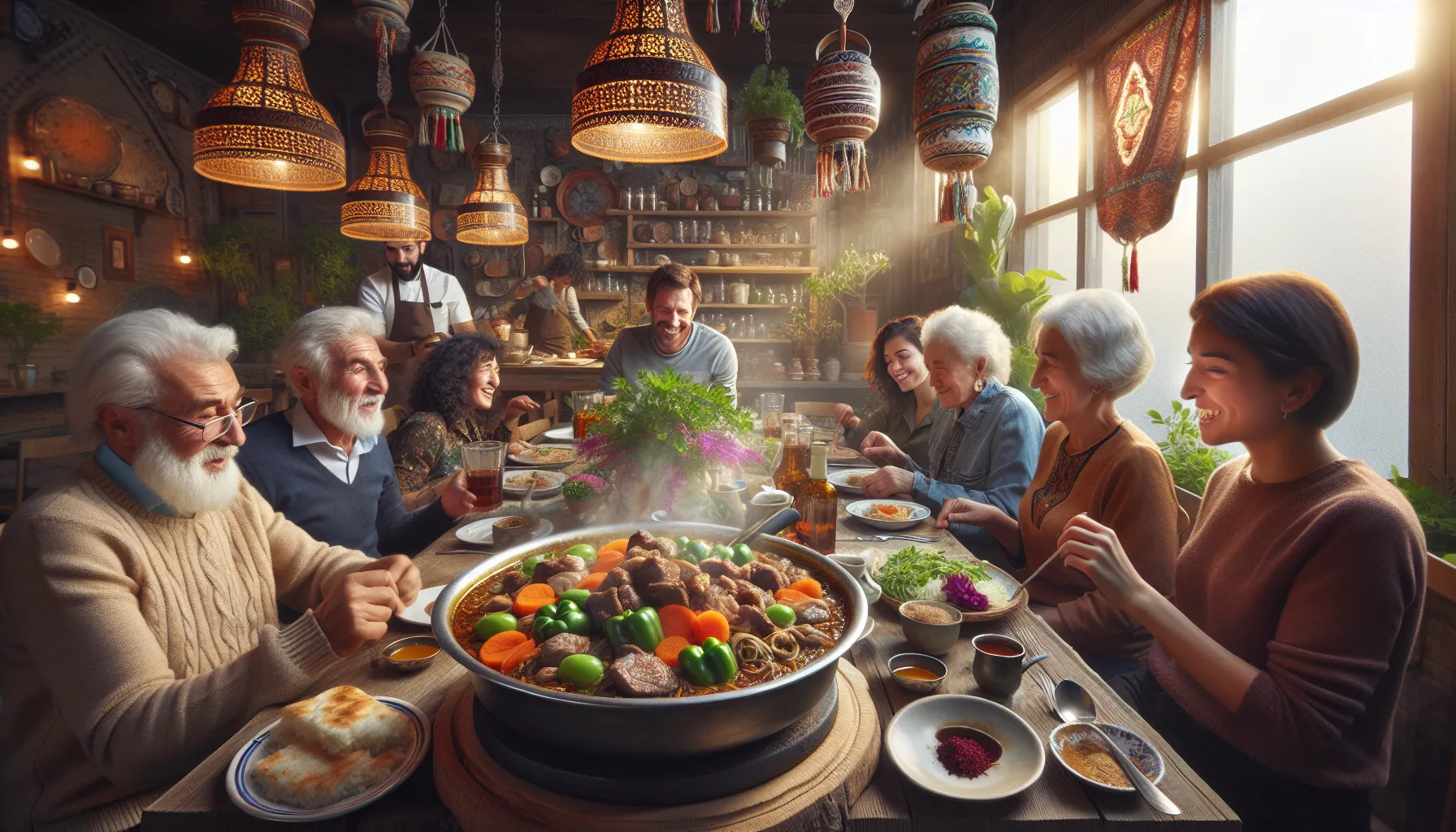 dining scene featuring plov and guests enjoying Uzribitan cuisine.