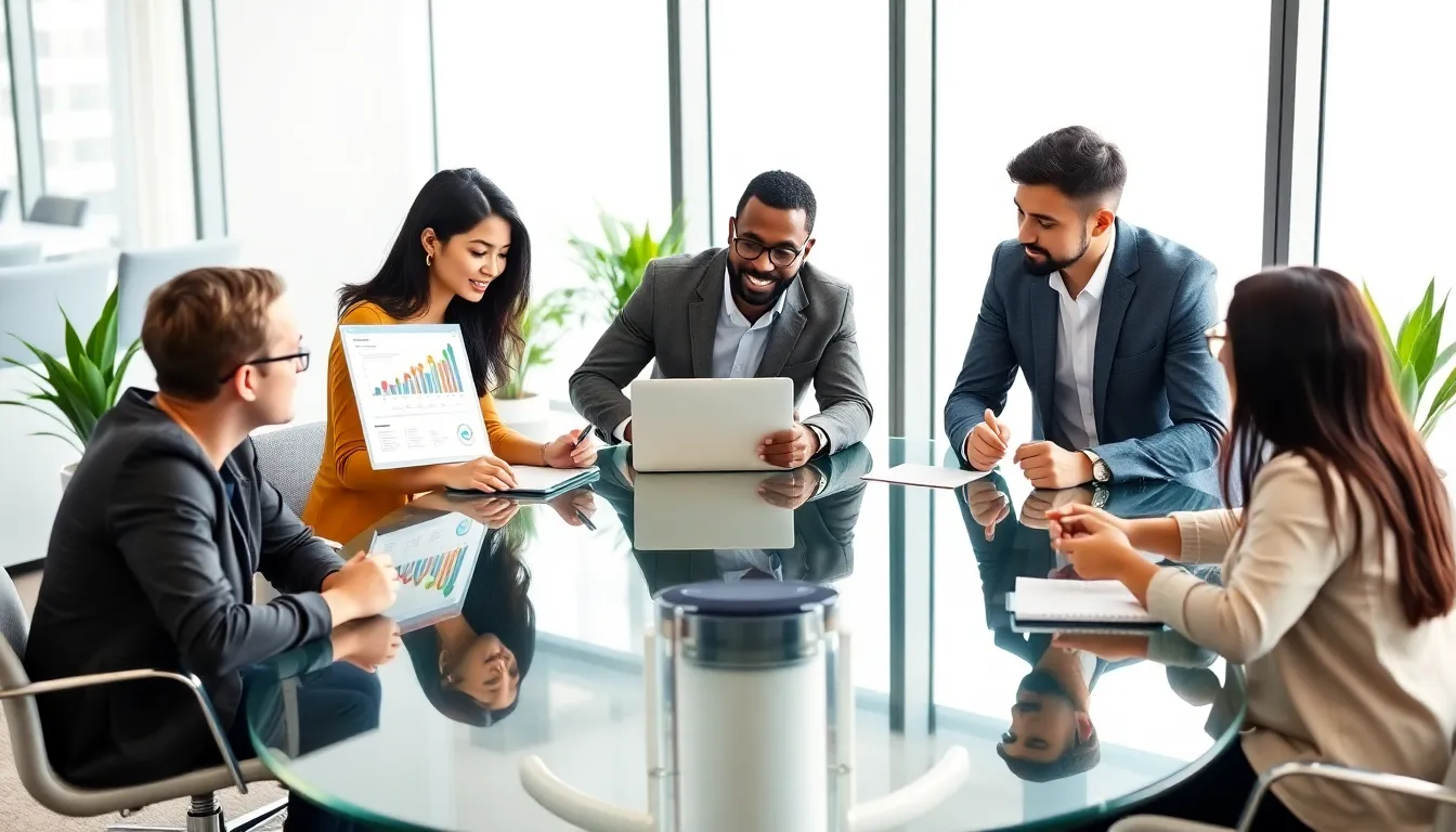diverse team collaborating on business plans in a modern office.
