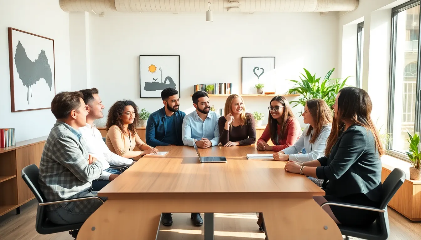 diverse team discussing relatable content in a modern office.