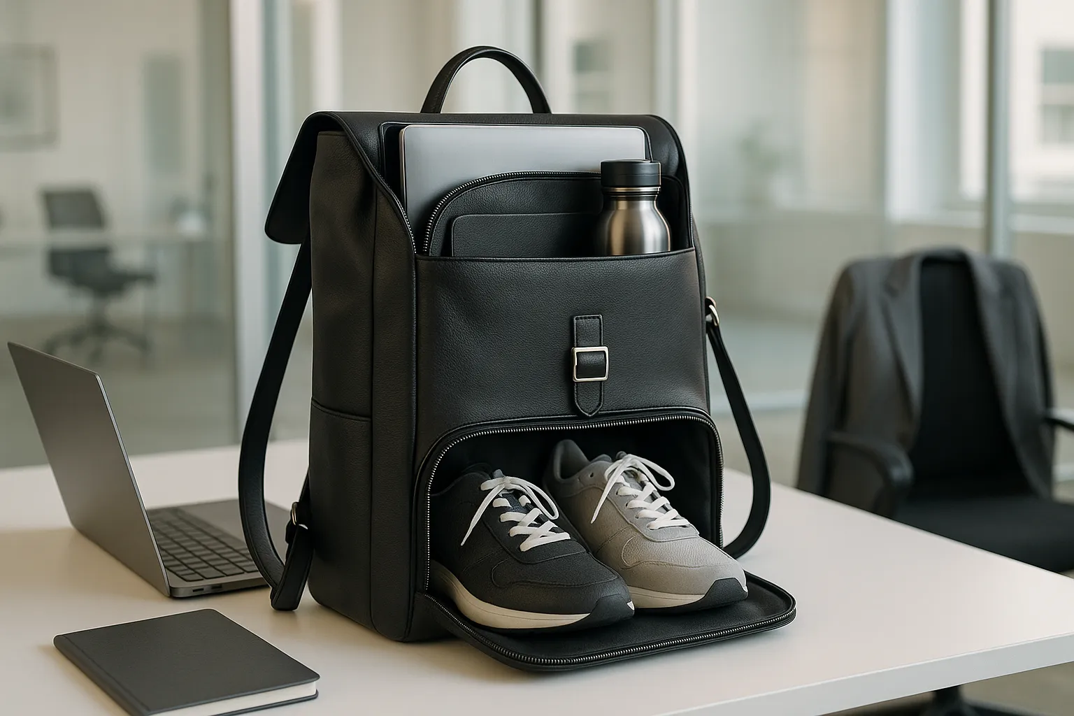 Convertible leather backpack on office desk, showing both work and gym use.