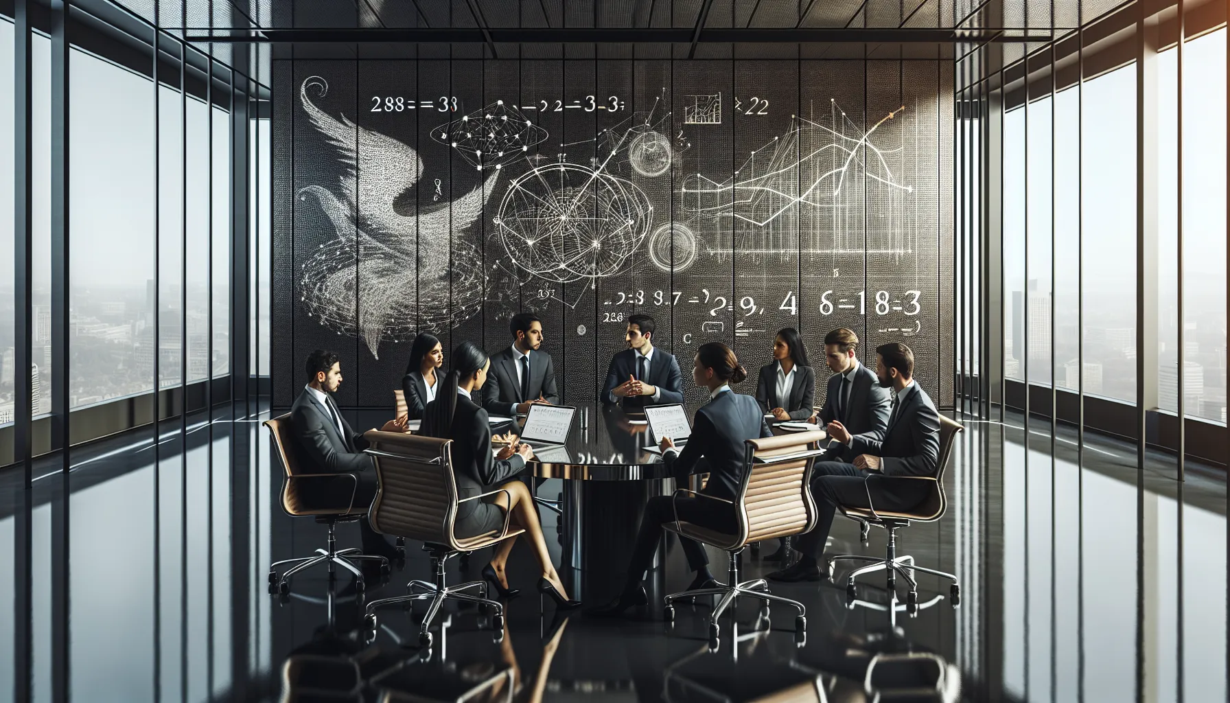 diverse professionals discussing the significance of a number in a modern office.