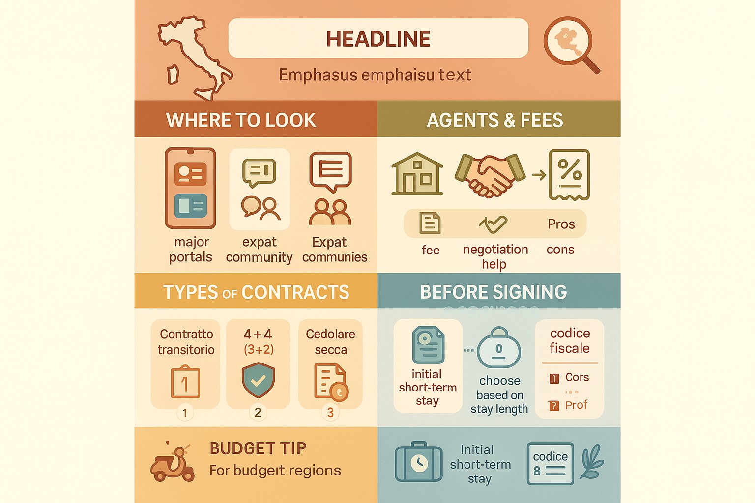 Infografica che mostra come trovare affitti, tipi di contratto, checklist e documenti in Italia.