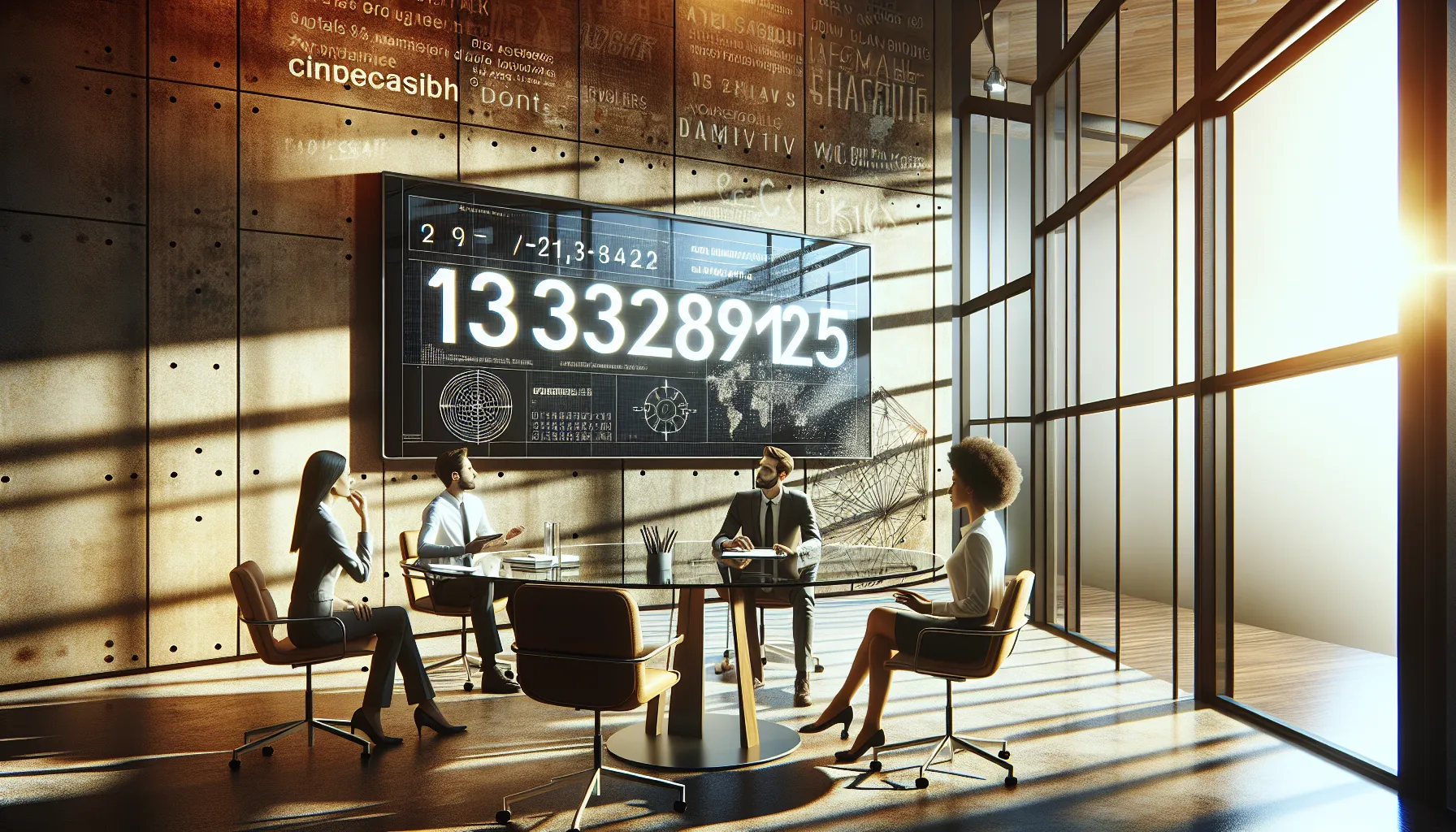diverse team discussing the significance of the number 18332891205 in a modern office.