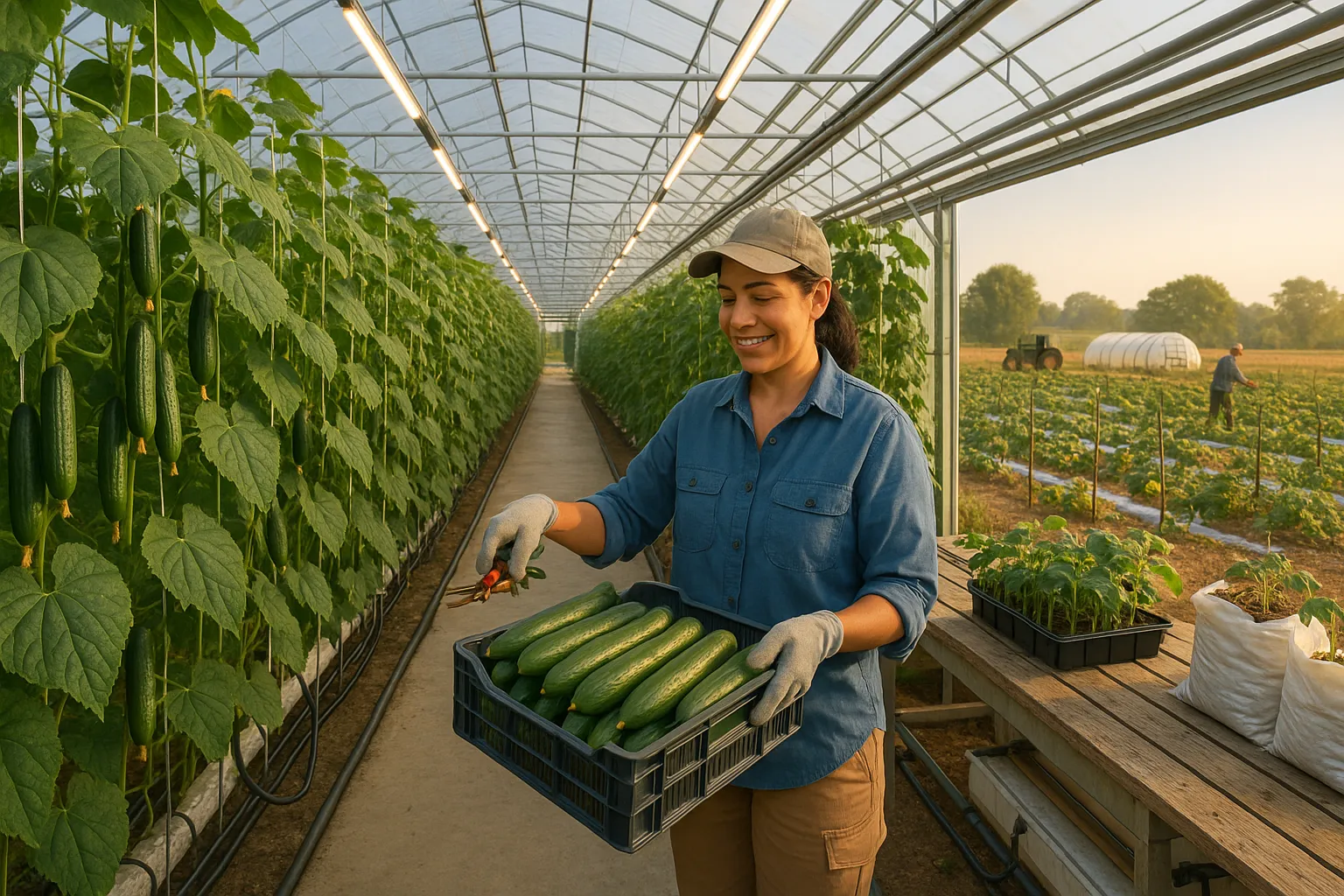 Worker harvesting many cucumbers in a commercial greenhouse with outdoor rows visible.