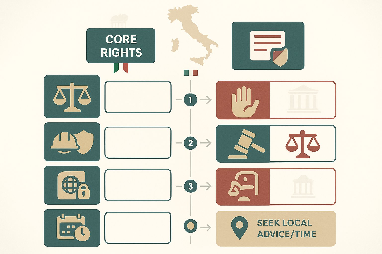 Infografica che mostra i diritti dei lavoratori, le azioni e i rimedi legali in Italia.