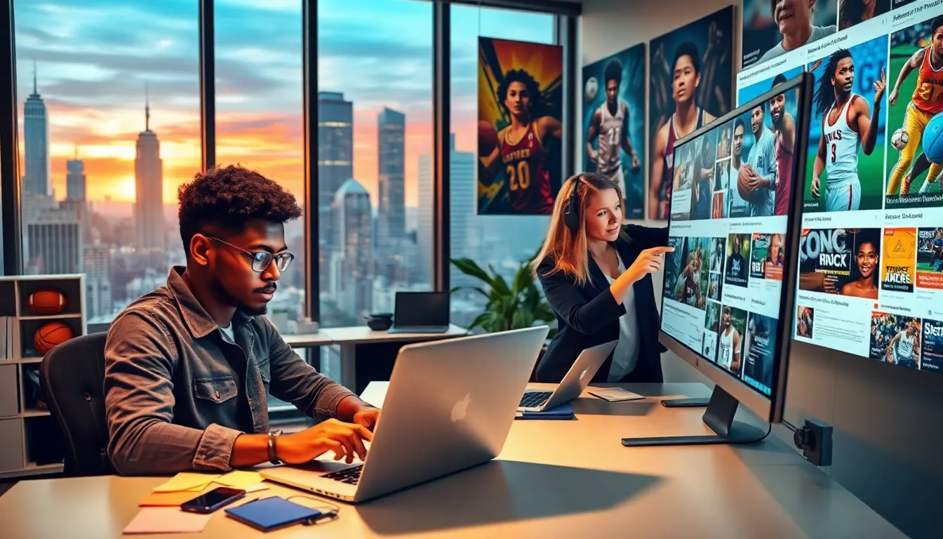 journalists collaborating in a vibrant sports news office environment.