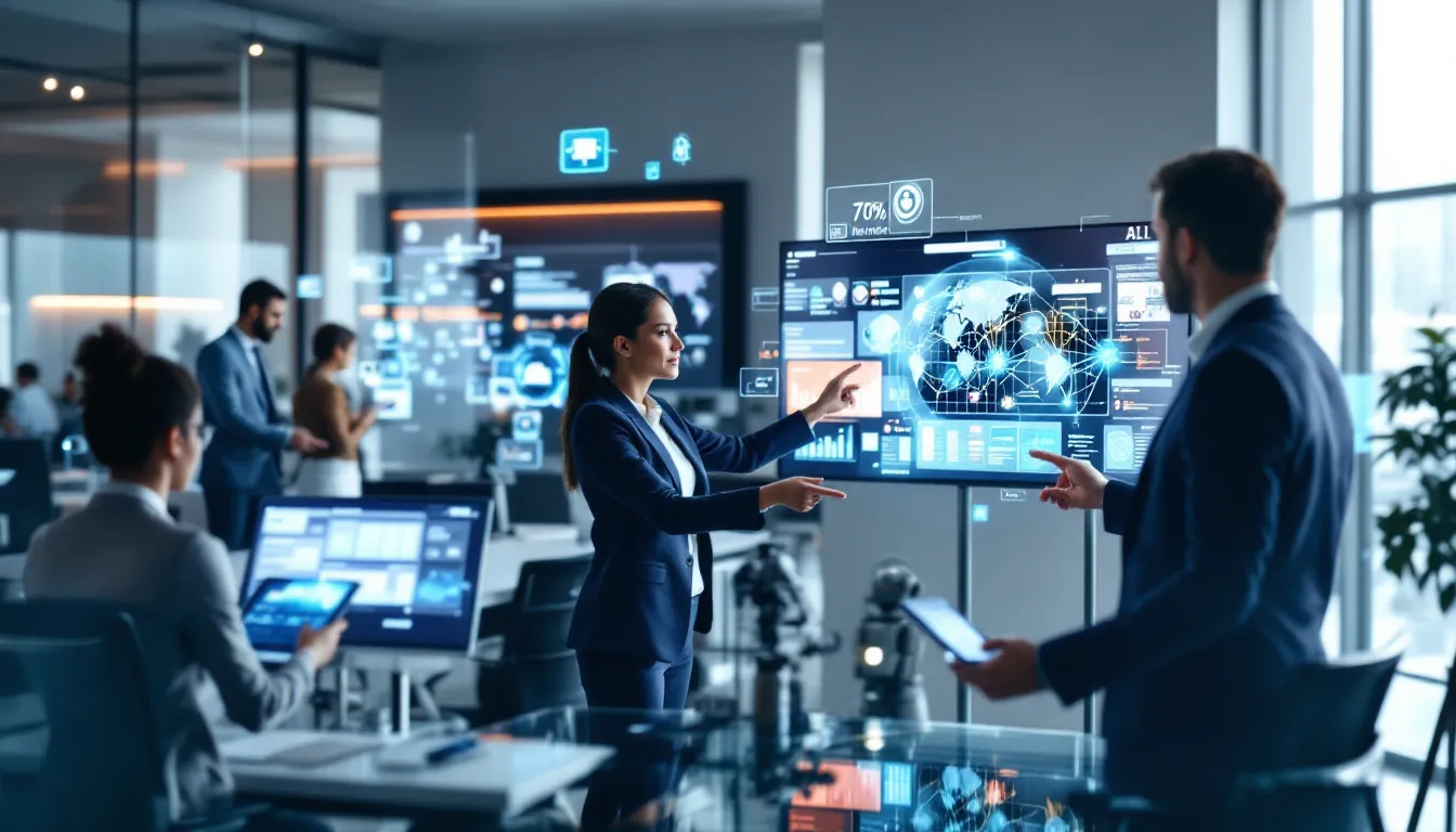 Banking professionals collaborating in modern operations center with AI automation dashboards and analytics displays.