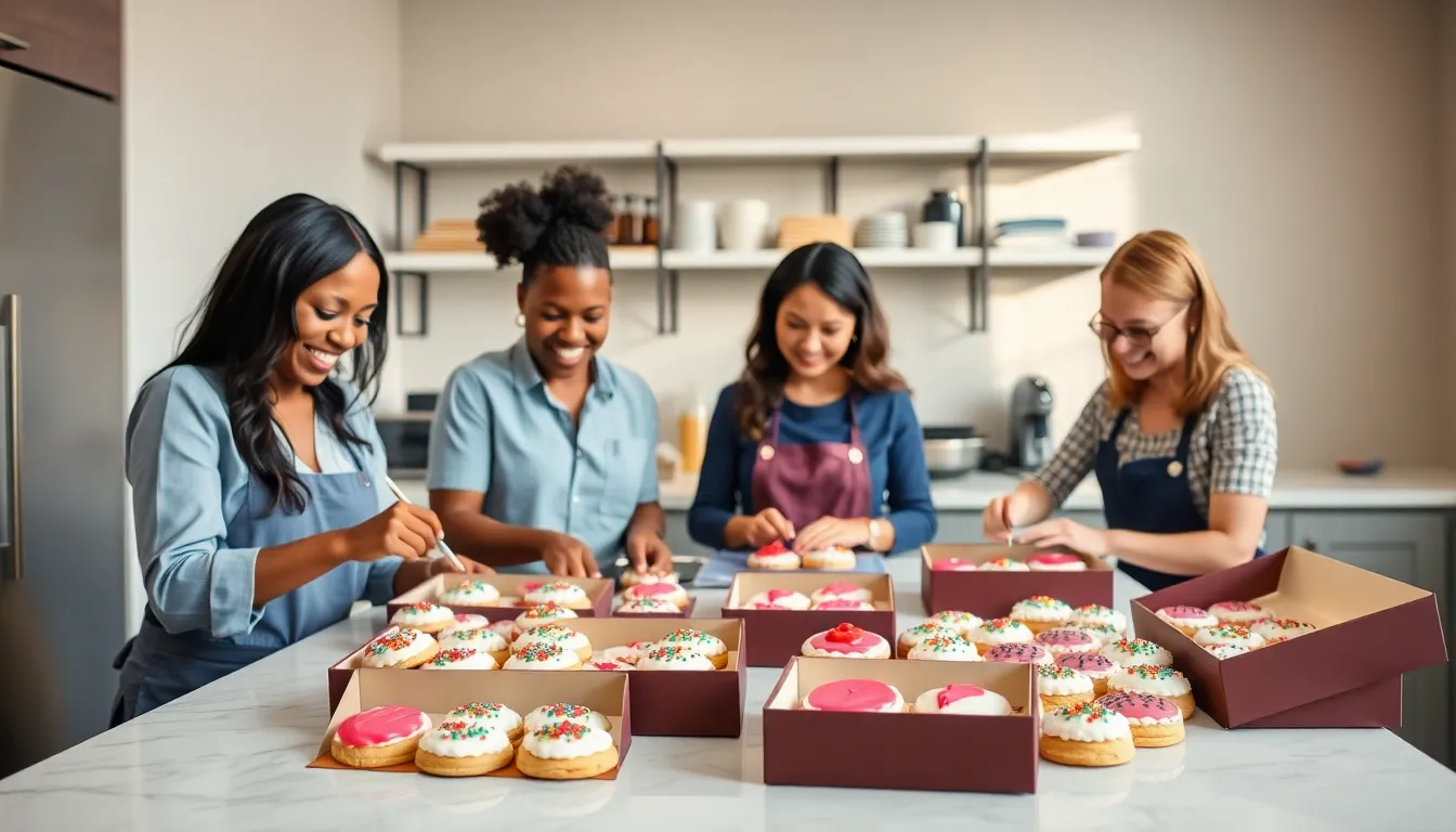diverse team decorating cookies in a modern kitchen.
