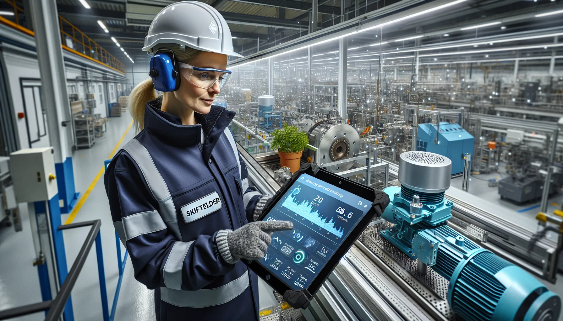 Norwegian shift leader checks iot dashboard as sensors monitor motor and quality.